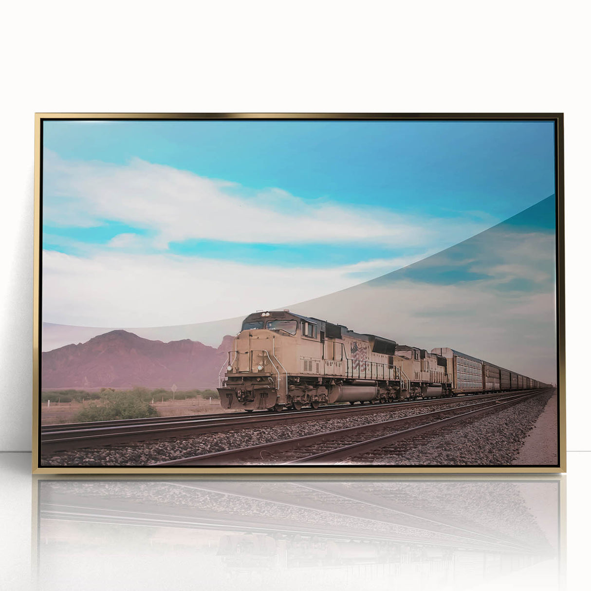 Framed acrylic print of a mid-century modernist train, in muted earth tones, ideal for modern art wall decor.