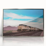 Mid-century modernist train illustration in muted blue and silver on a framed acrylic, ideal for nursery wall decor.