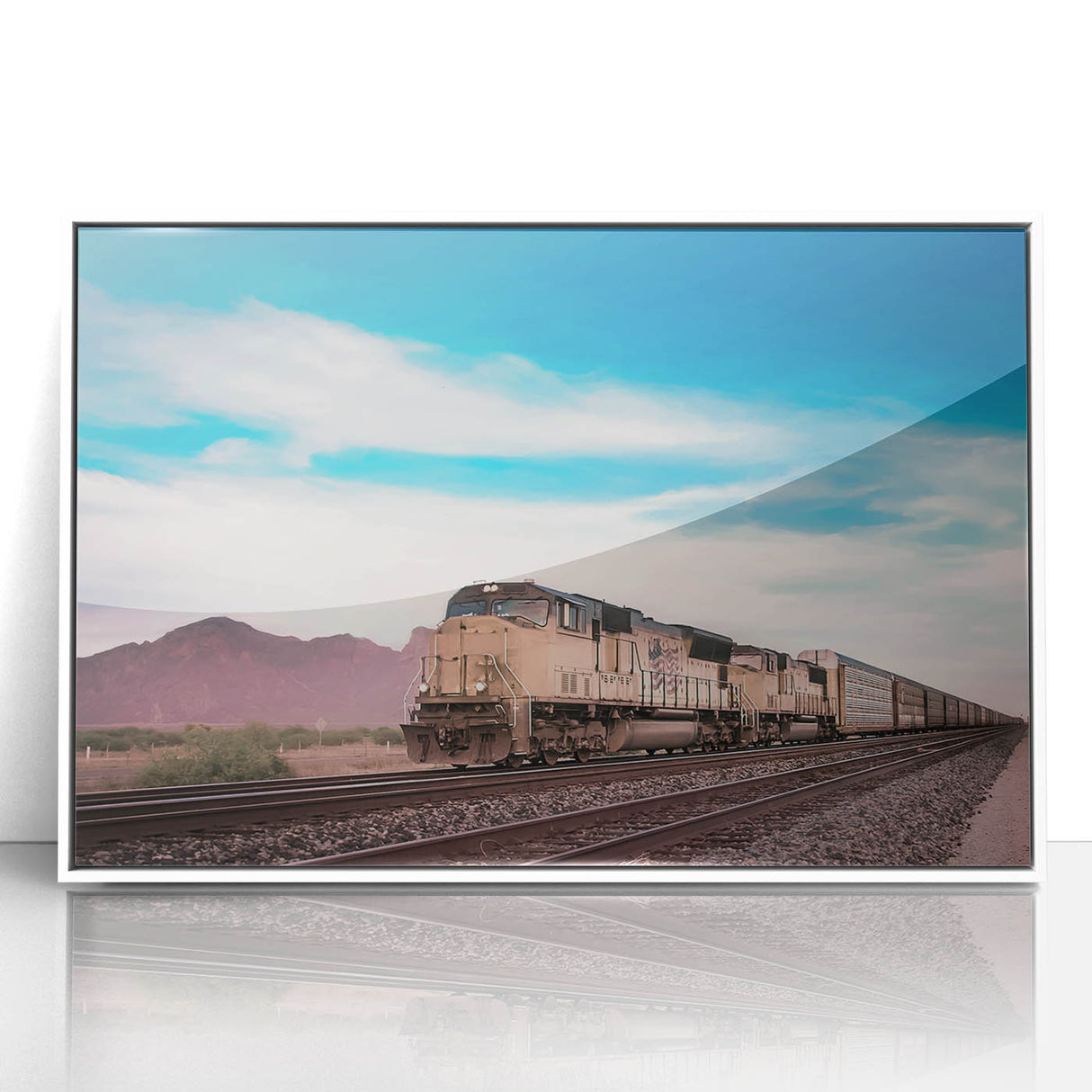 Art deco train poster in muted grays and blues, framed in white acrylic, ideal for nursery wall art.