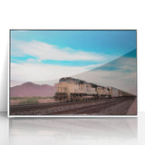 Art deco train poster in muted grays and blues, framed in white acrylic, ideal for nursery wall art.