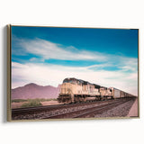 Framed canvas featuring a vintage-style train landscape in black and gold tones, ideal for bedroom wall art.