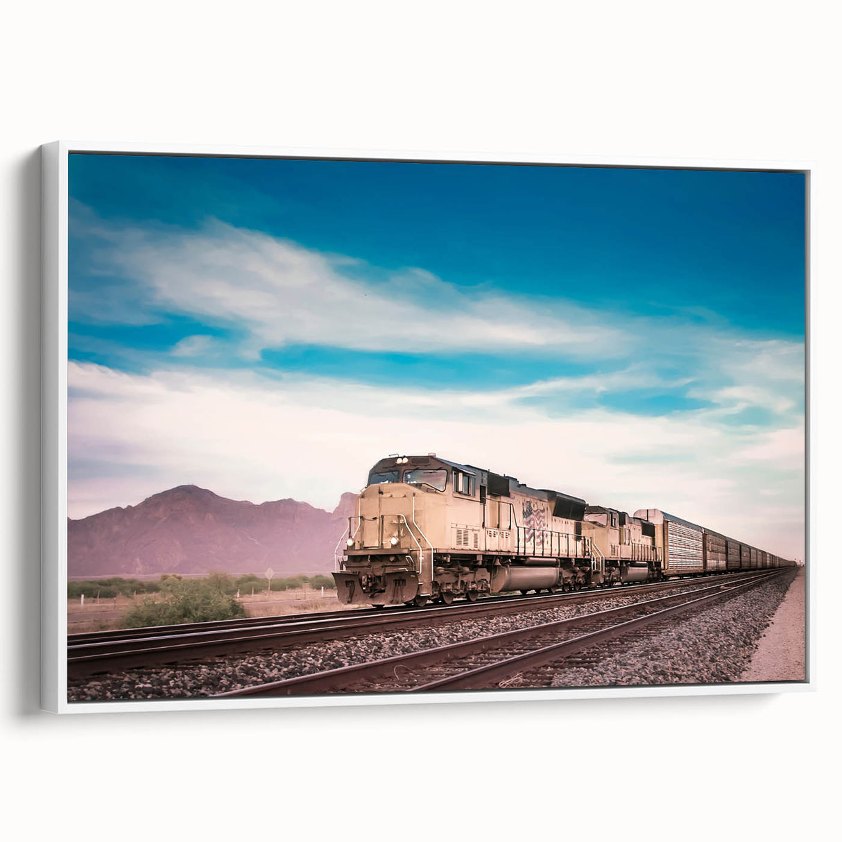Vintage poster art of a colorful train on a black background, framed canvas, ideal for living room decor.