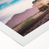 Art deco train poster in monochrome, printed on rolled canvas, suitable for dining room decor.