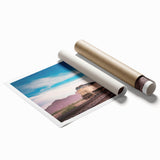 Rolled print of a vintage train in muted earth tones, suitable for large living room wall art.