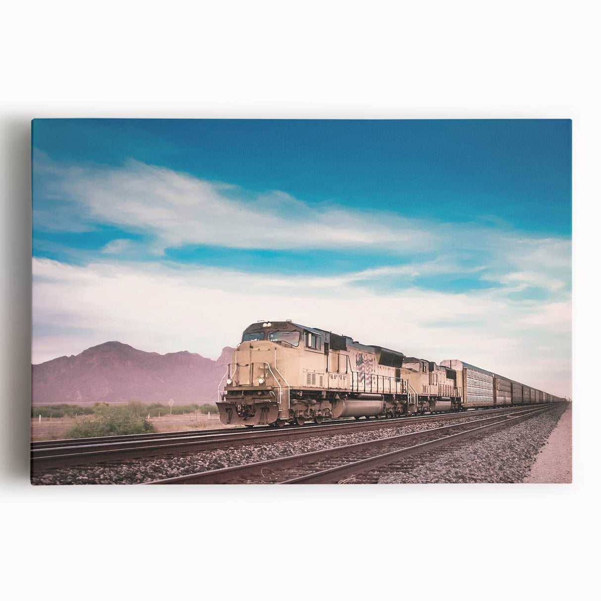 Black and white photograph of a vintage train on stretched canvas, suitable for kitchen wall art or bedroom decor.