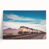 Black and white photo of a vintage train on stretched canvas, ideal for kitchen wall art.