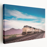 Side view of a large stretched canvas featuring a vintage train in muted earth tones, ideal for kitchen wall art.