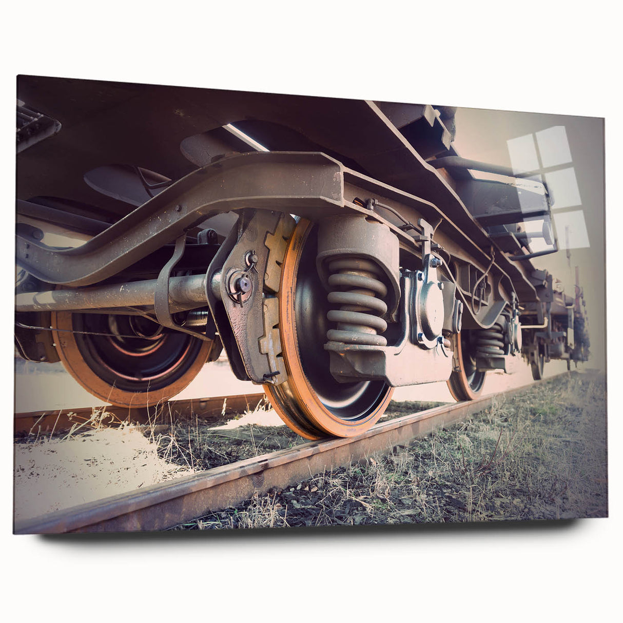 Acrylic print of a large abstract train in muted grays and blues, ideal for bedroom or dining room art.