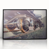 Large abstract wall art featuring a mid-century modernist train design in black and gray tones on a framed acrylic panel.