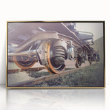 Mid-century modernist train illustration in muted earth tones, framed acrylic, ideal for nursery wall art.