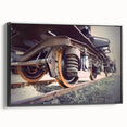 Black and white vintage poster art of a train on framed canvas, ideal for bedroom wall decor.