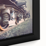 Extra large black wall art featuring a colorful, textured train design on a framed canvas, ideal for living room decor.
