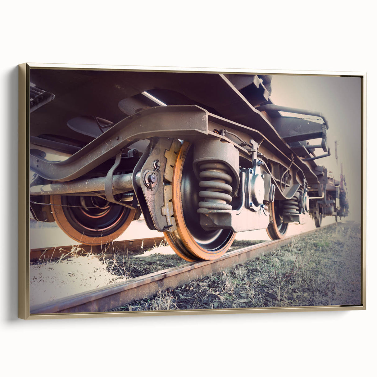 Framed canvas featuring a vintage-style train landscape in black, ideal for bedroom wall art.