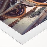 Art deco poster of a streamlined train in muted silver and gray tones, printed on rolled canvas.