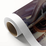 Art deco style train illustration in bold colors on rolled canvas, ideal for nursery wall art.