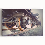 Black and white photo of a vintage train on stretched canvas, suitable as large kitchen wall art or bedroom decor.