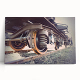Black and white photo of a vintage train on stretched canvas, ideal for kitchen wall art.