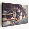 Side view of a large art print featuring a detailed train illustration on a stretched canvas, suitable for kitchen wall art.