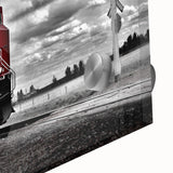 Large abstract wall art featuring a mid-century modernist train design in vibrant colors on acrylic glass.