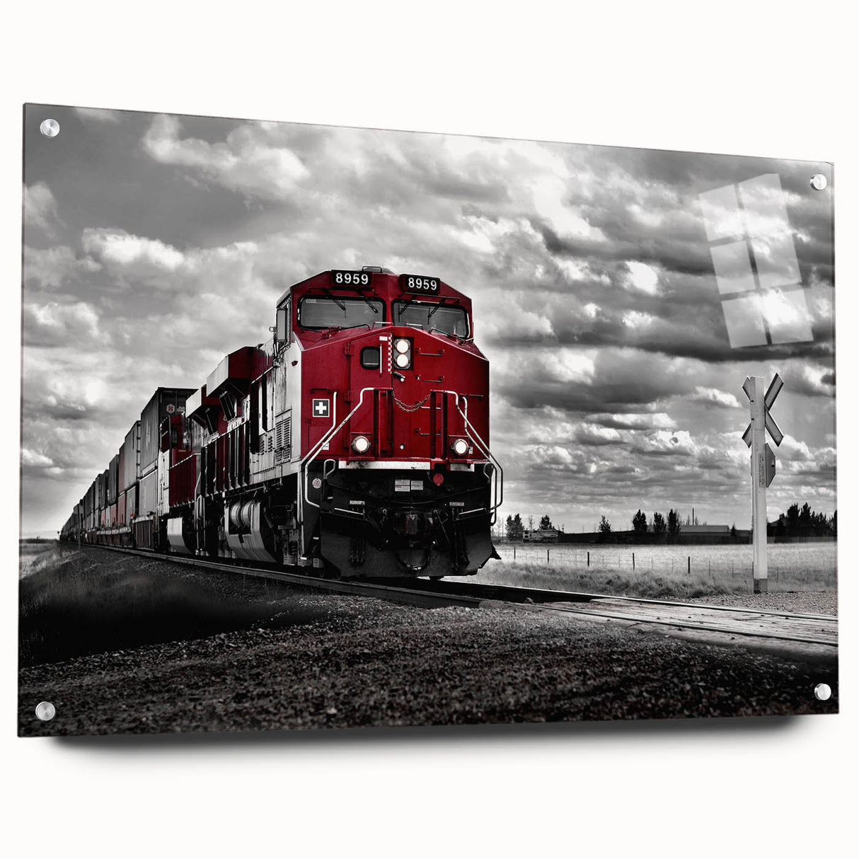 Acrylic glass print of a large abstract train, with vibrant blue and metallic tones, ideal for bedroom or dining room decor.
