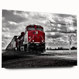 Large abstract wall art of a train in motion on acrylic glass, featuring cool gray and blue tones.