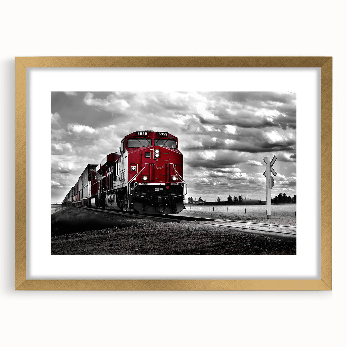Extra large abstract art print of a train in textured gold and black tones on a framed canvas, ideal for living room decor.