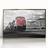 Framed acrylic print of a mid-century modernist train in muted blues and grays, ideal for nursery wall art.