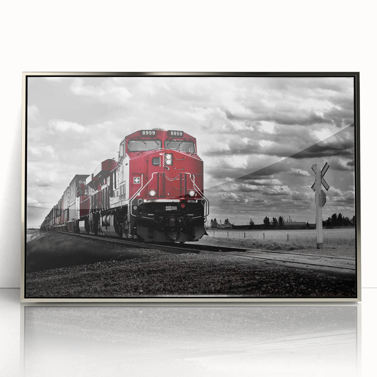 Mid-century modernist train illustration in silver frame, featuring muted gray and blue tones, ideal for nursery wall art.
