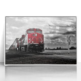 Art deco train poster in muted colors, framed acrylic, ideal for nursery wall art.