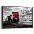 Black and white vintage train landscape on framed canvas, ideal for bedroom wall decor.