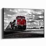 Black and white vintage train landscape on framed canvas, ideal for bedroom wall decor.