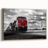 Framed canvas of a vintage train in a landscape, rendered in black and gold tones, ideal for bedroom wall art.