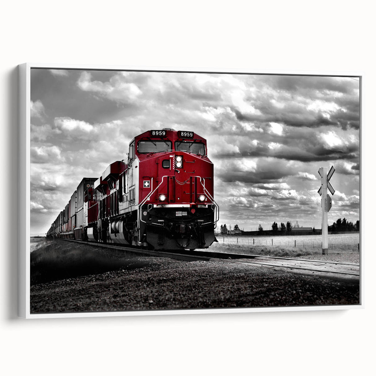 Vintage poster art of a colorful train on a black background, framed canvas, ideal for living room decor.