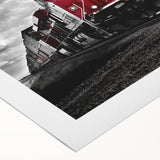 Art deco style poster of a vintage train in monochrome shades on rolled canvas, suitable for dining room decor.