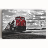 Black and white photo of a vintage train on stretched canvas, ideal for kitchen wall art.