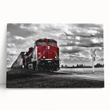 Black and white photograph of a vintage train on stretched canvas, ideal for kitchen wall art or bedroom decor.