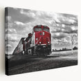 Side view of a large canvas print featuring a detailed illustration of a vintage train in muted earth tones.