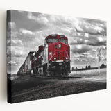Side view of a large canvas print featuring a detailed illustration of a vintage train in muted earth tones.