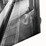 Large abstract wall art featuring a train in mid-century modernist style on acrylic glass, ideal for dining room decor.