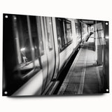 Acrylic print of a large abstract train design in neutral tones, suitable for bedroom or dining room decor.