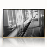 Mid-century modernist train illustration in muted earth tones on a gold-framed acrylic, ideal for nursery wall art.