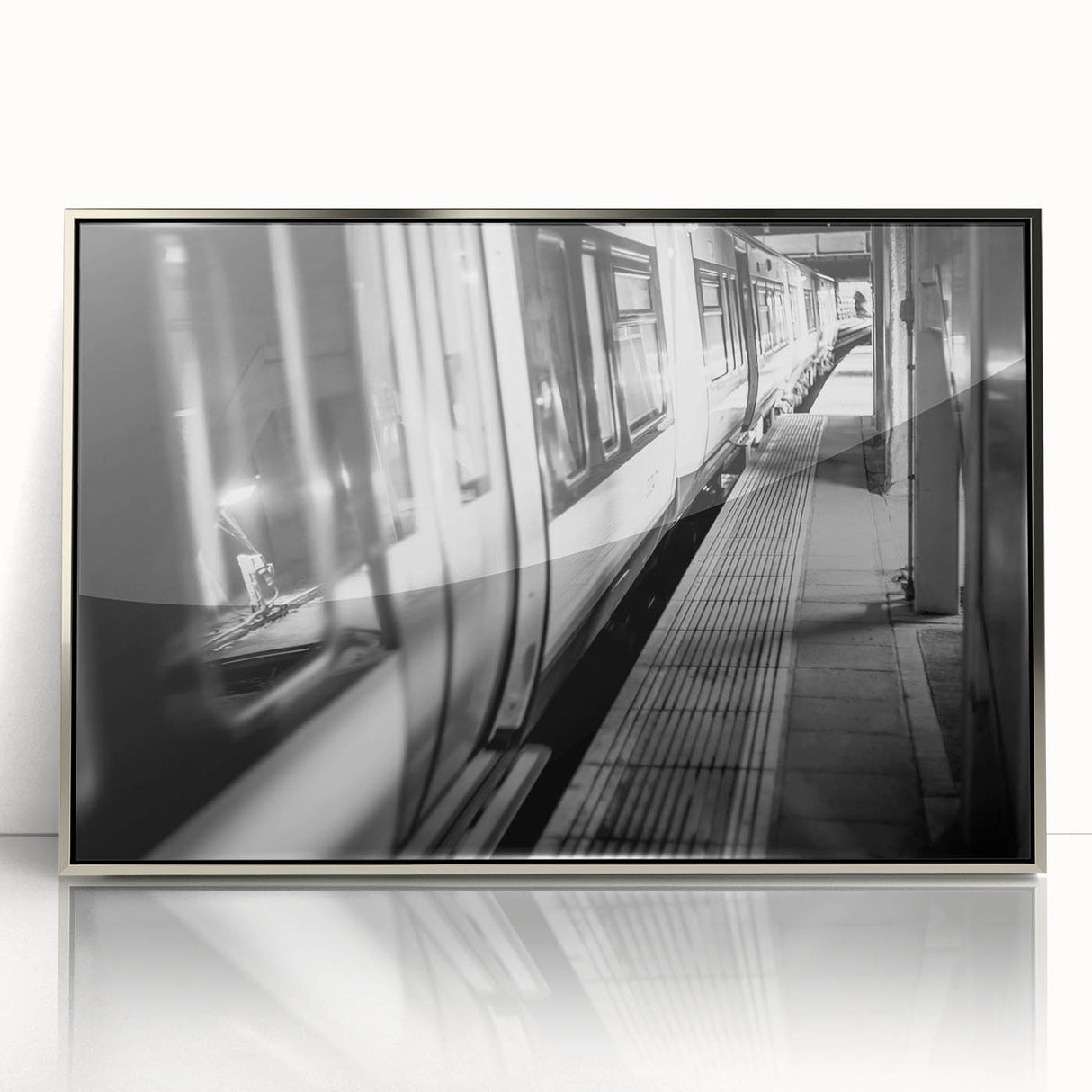 Mid-century modernist train illustration in muted gray and silver tones on a framed acrylic, suitable for nursery wall art.