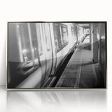 Mid-century modernist train illustration in muted gray and silver tones on a framed acrylic, suitable for nursery wall art.
