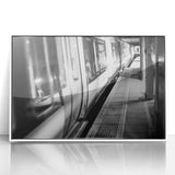 Art deco train illustration in muted blue tones, framed acrylic, ideal for nursery wall decor.