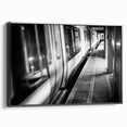 Black and white vintage poster art of a train on framed canvas, ideal for bedroom wall decor.