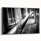 Black and white vintage poster art of a train on framed canvas, ideal for bedroom wall decor.
