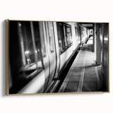 Framed canvas featuring a vintage poster of a black train in a landscape, ideal for bedroom wall art.