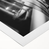 Art deco train poster in muted silver and blue tones, printed on rolled canvas, suitable for dining room decor.