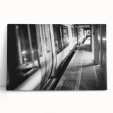Black and white photo of a vintage train on stretched canvas, suitable for kitchen wall art.