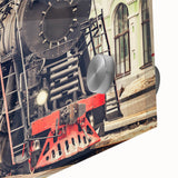 Mid-century modernist train motif in muted earth tones on large acrylic glass, ideal for dining room art.